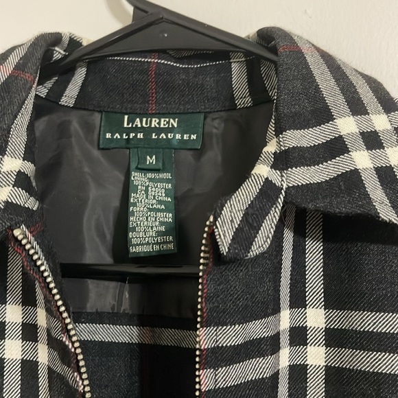 RALPH LAUREN WOMEN M WOOL BLACK PLAID CHARCOAL GRAY IVORY ZIPPER SHIRT - Picture 8 of 8